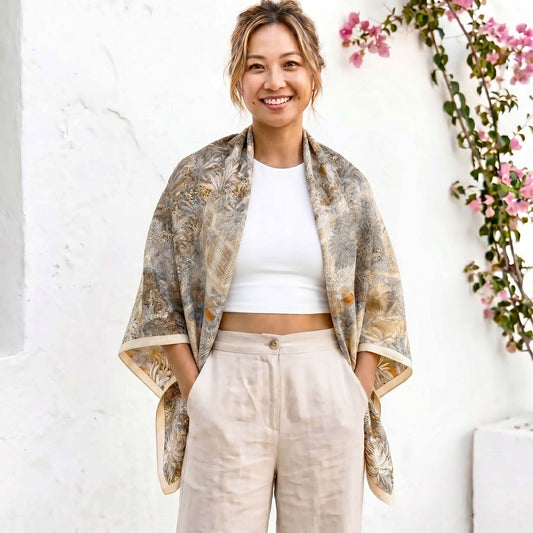 silk-wool blanket shawl with ivory botanical print, worn outdoors in a natural setting