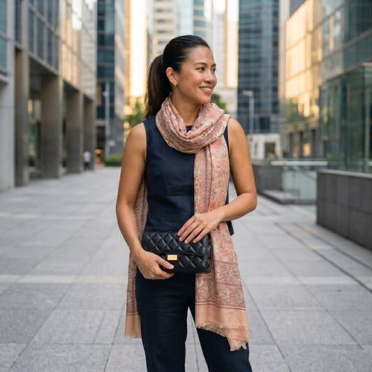 Woman wearing Fiora 100% lightweight wool paisley floral scarf outdoors — MonBebe Singapore