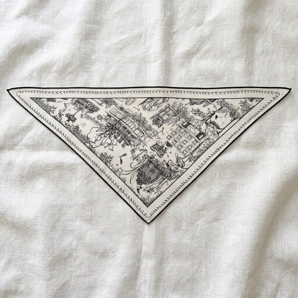 Silk scarf in Paris Street Scene print, black and white sketch, MonBebe Singapore