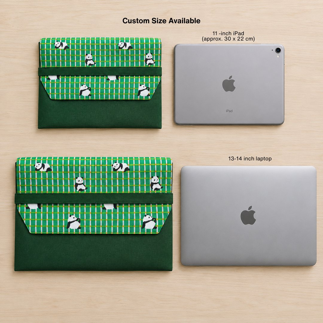 iPad and laptop size comparison inside Panda Pals custom fit sleeve, MonBebe Singapore