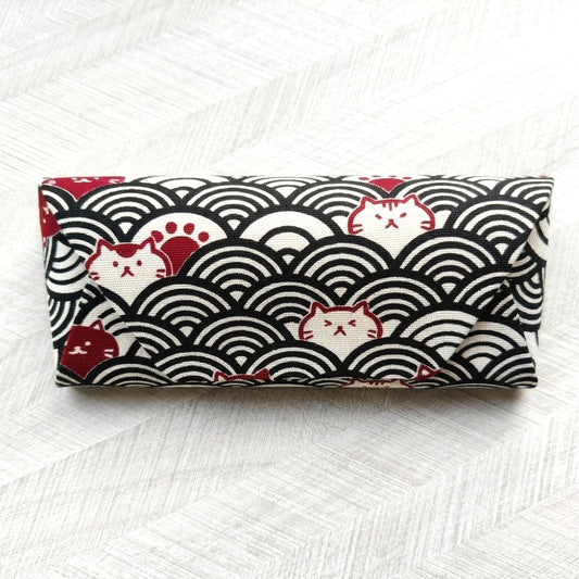 Nami Japanese wave cat glasses case in Black Wave — black seigaiha print, MonBebe Singapore