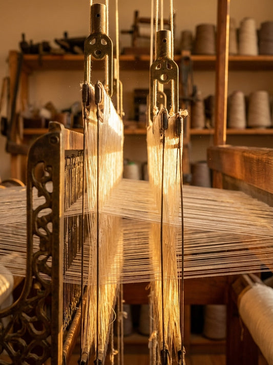 Fine silk threads on a traditional wooden loom glowing in warm golden light — artisan silk weaving workshop for handcrafted silk scarves.
