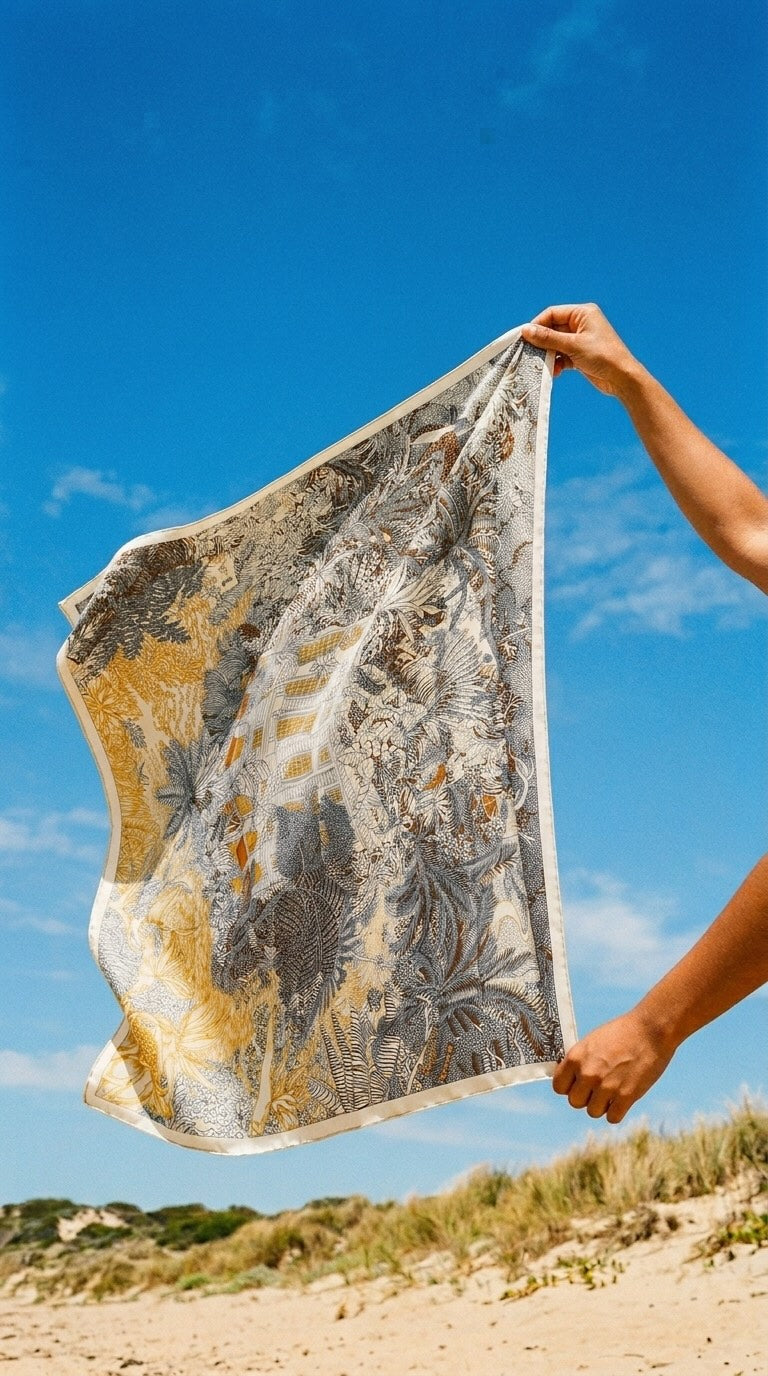 silk-wool blanket shawl with ivory botanical print, worn outdoors in a natural setting