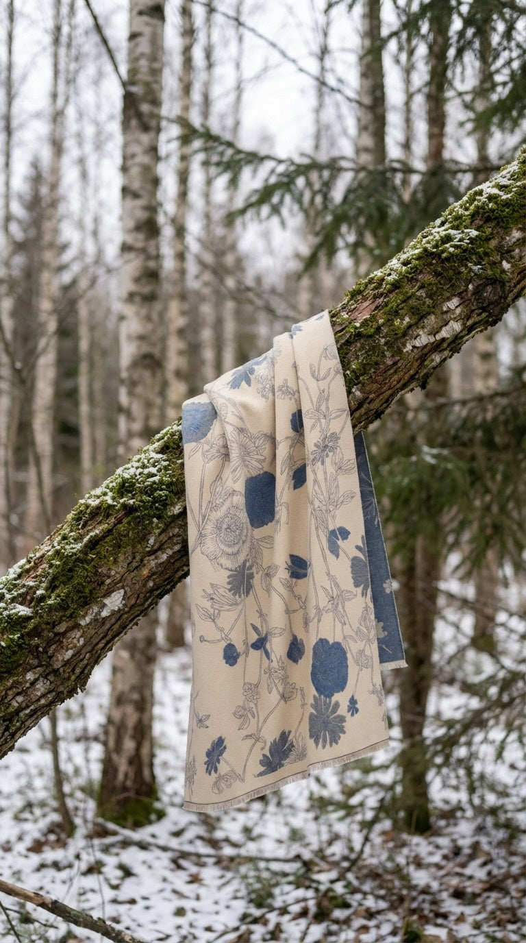 Premium wool scarf with botanical print in navy blue - fringed winter wrap
