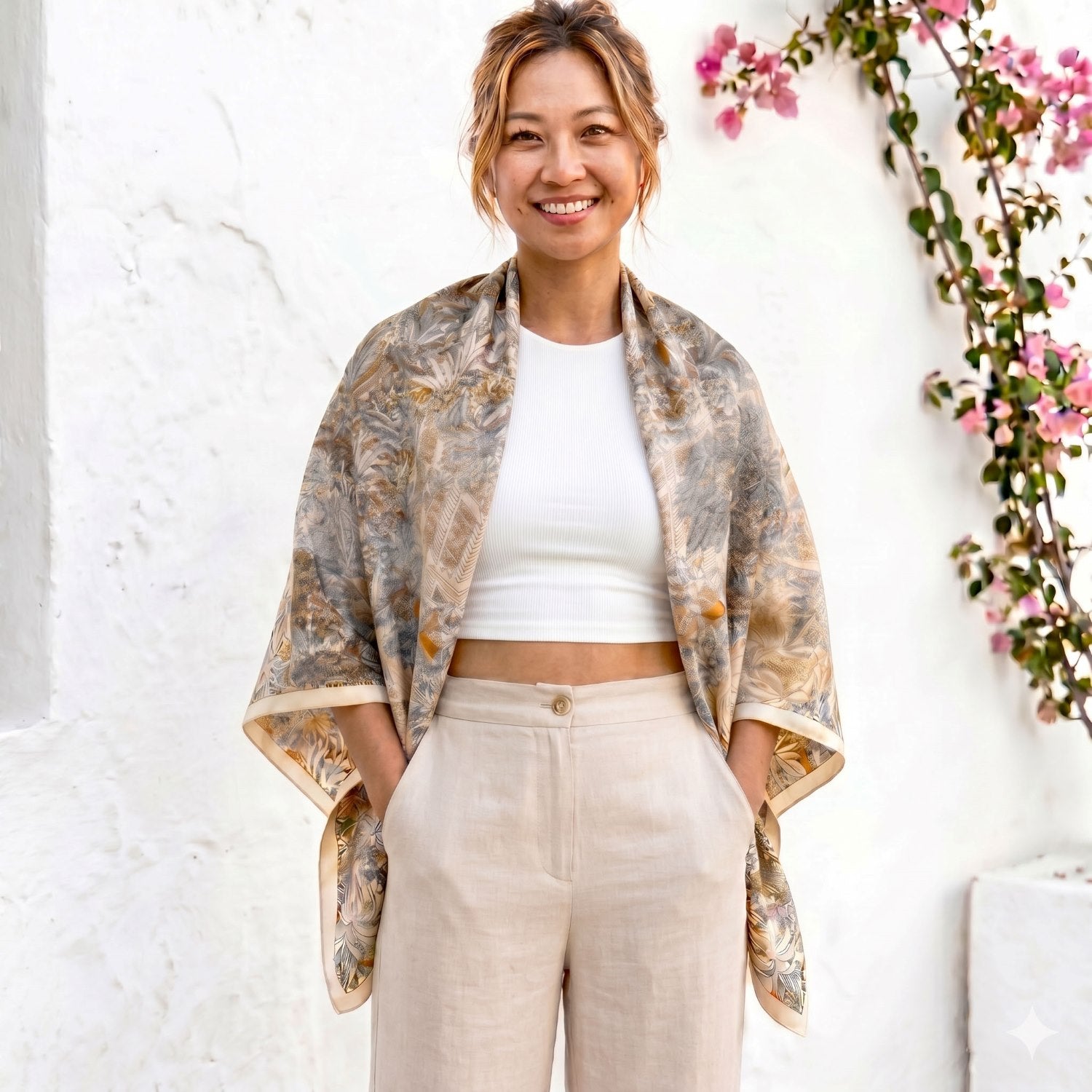 silk-wool blanket shawl with ivory botanical print, worn outdoors in a natural setting