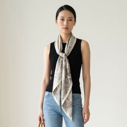 silk-wool blanket shawl with ivory botanical print, styled on model in studio showing drape and fit