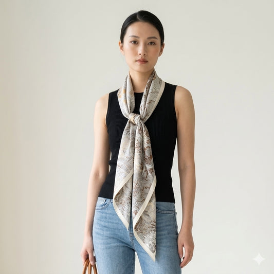 silk-wool blanket shawl with ivory botanical print, styled on model in studio showing drape and fit