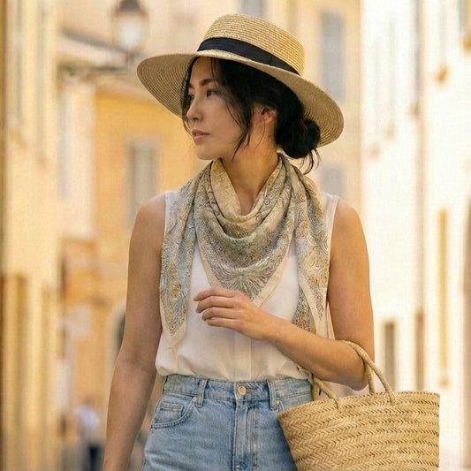 Silk-wool blanket scarf draped around neck, showing soft drape and botanical detailing