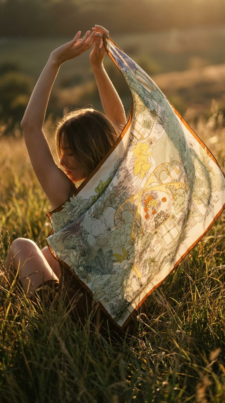 Person sitting in a field holding a scarf with a sunset in the background