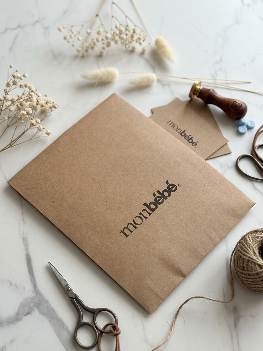 Kraft paper envelope with 'monbeé' branding on a marble surface with decorative elements.