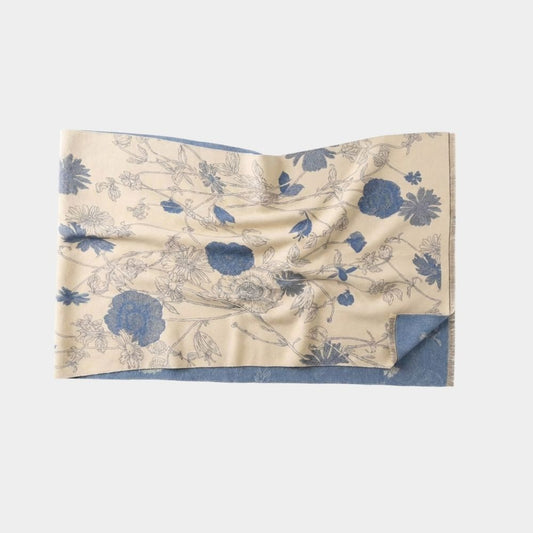 Floral patterned wool scarf with blue flowers on a beige background