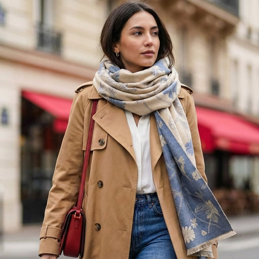 Woman walking on street with sora wool scarf