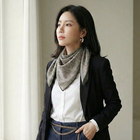 Lightweight triangular silk-wool scarf with paisley pattern, styled loosely around the neck for everyday elegance