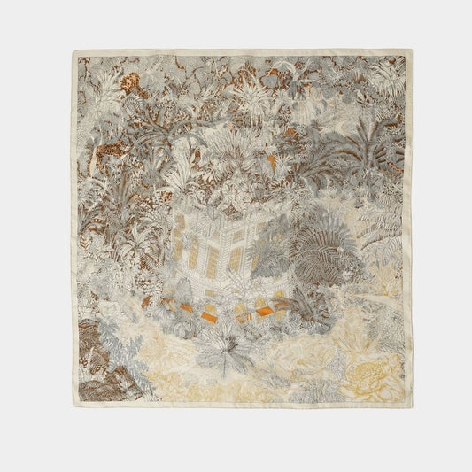 Square silk-wool scarf with botanical print in warm neutral tones