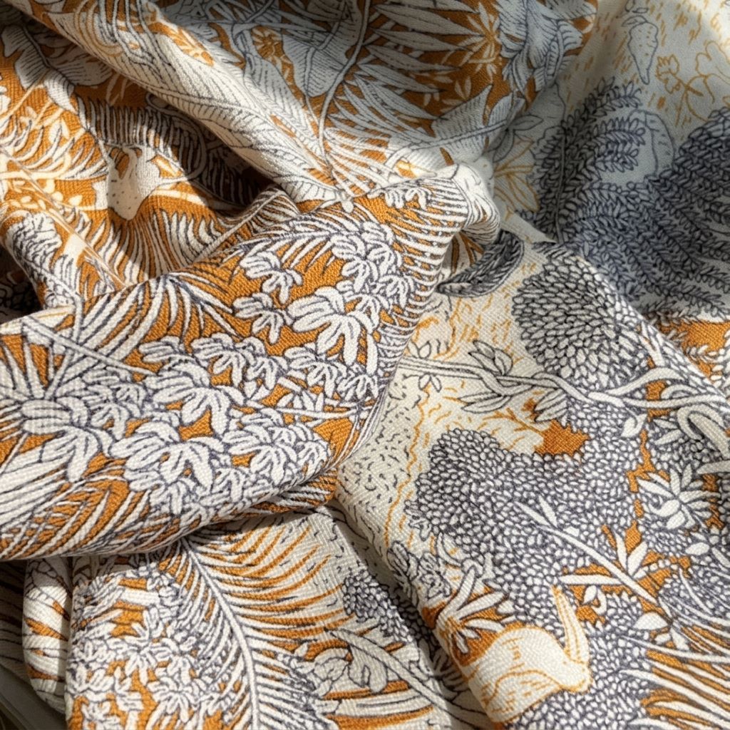 Close-up of Arbor silk-wool blanket shawl, ivory botanical print laid flat —  MonBebe Singapore