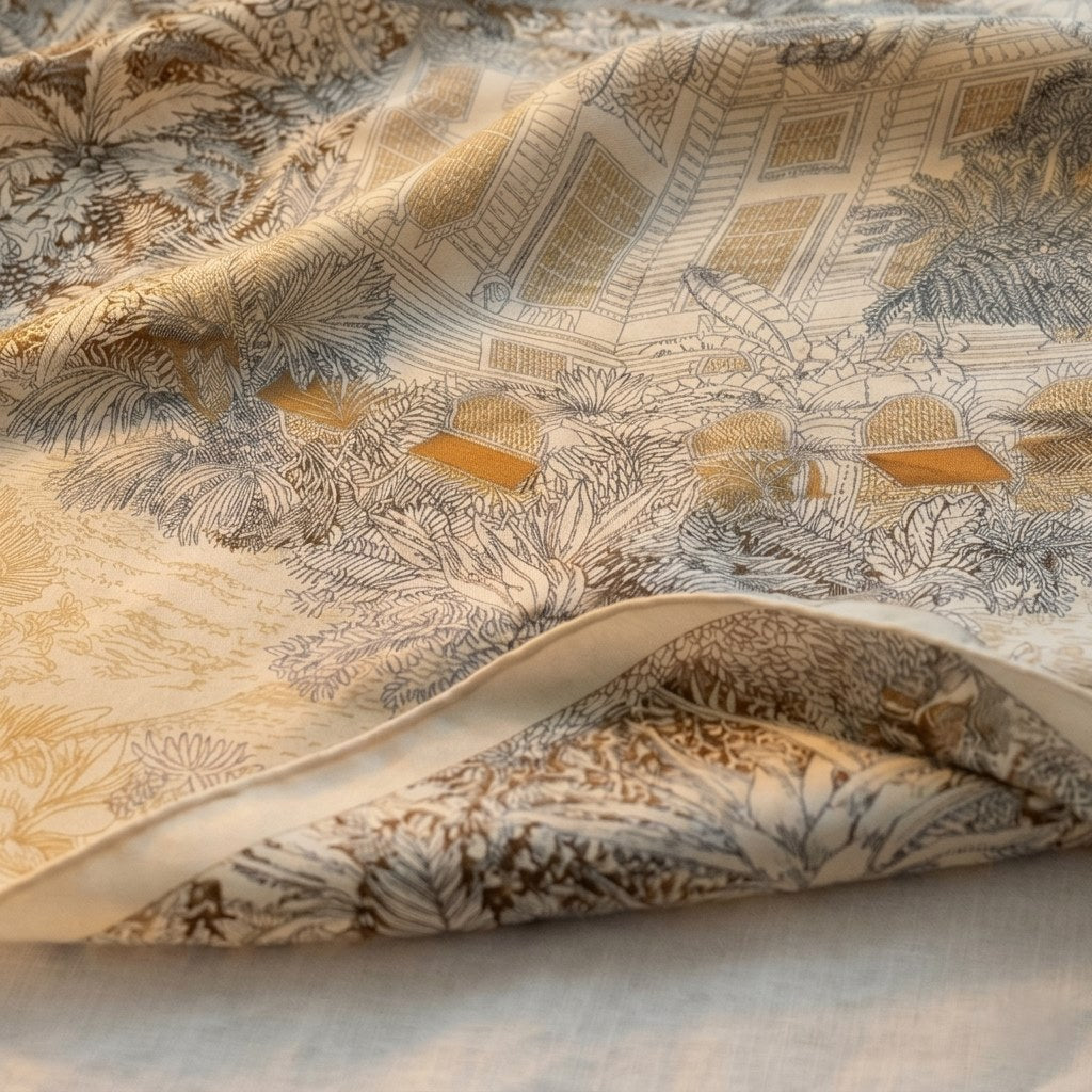 Close-up of Arbor silk-wool blanket shawl showing ivory botanical print and fabric texture detail —  MonBebe Singapore