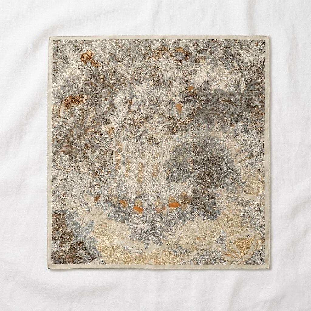 Arbor silk-wool blanket shawl, ivory botanical print laid flat showing full design and dimensions —  MonBebe Singapore