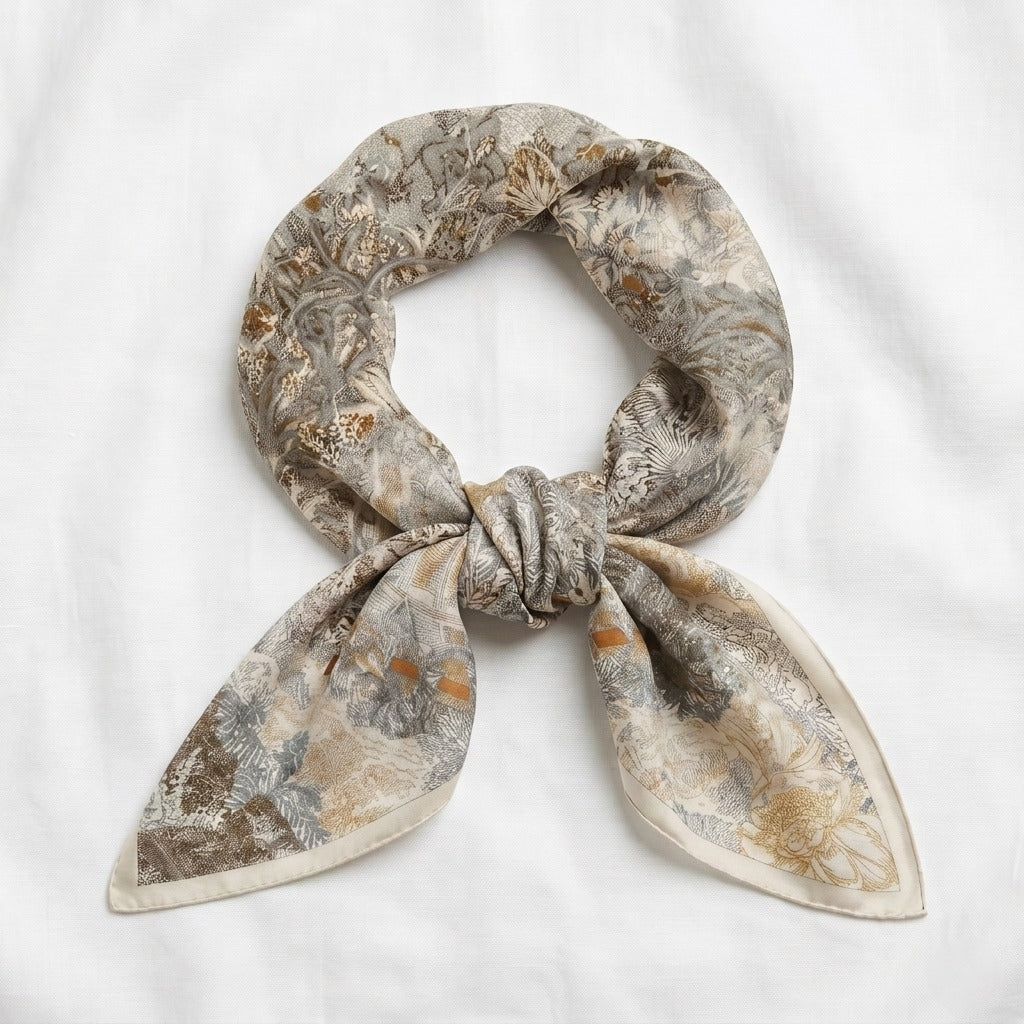 Arbor silk-wool blanket shawl styled in a soft front knot, showing ivory botanical print and versatile wear —  MonBebe Singapore