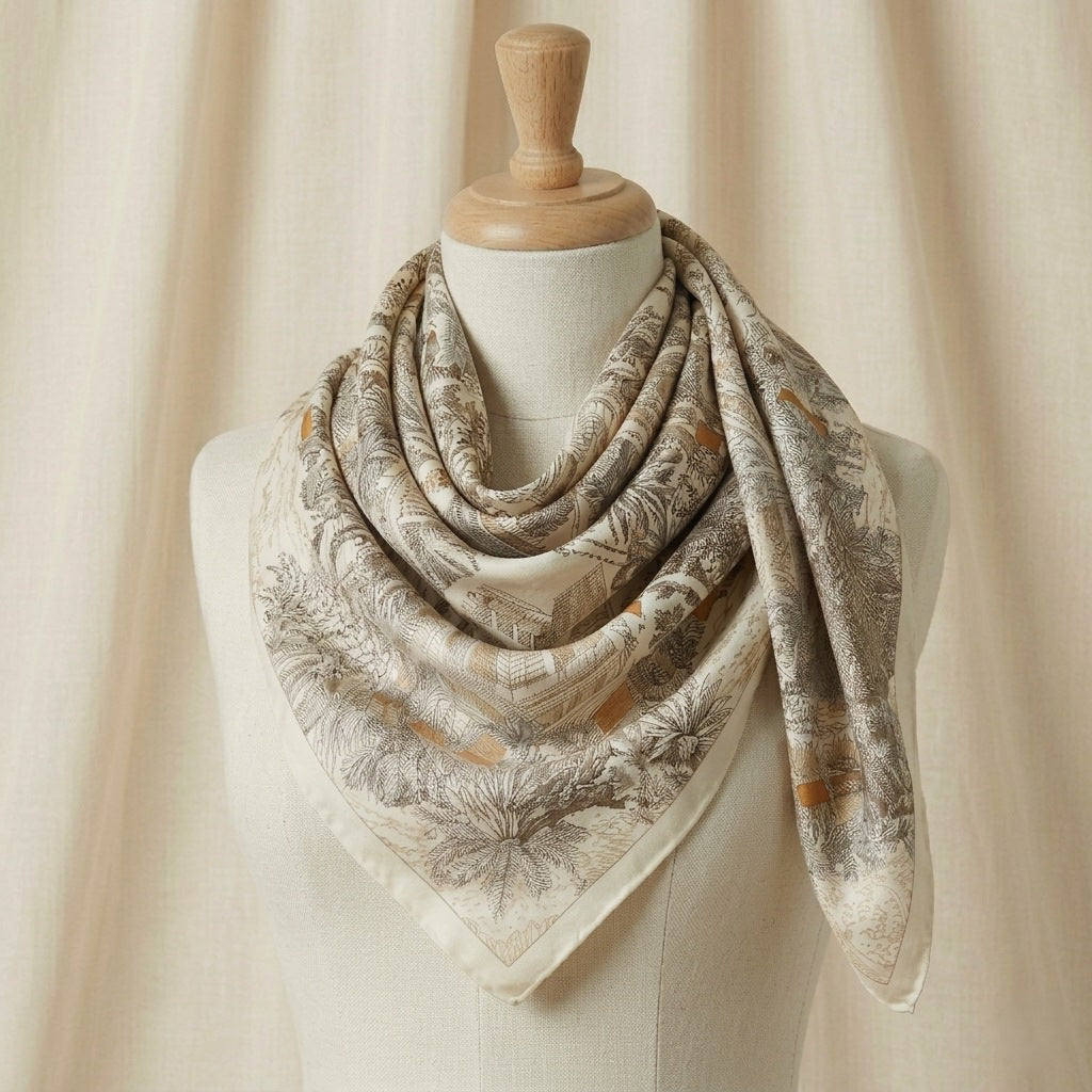 Arbor silk-wool blanket shawl draped on mannequin showing ivory botanical print and natural silhouette —  MonBebe Singapore