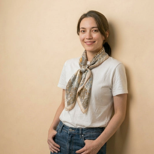 silk-wool blanket shawl with ivory botanical print, styled on model in studio showing drape and fit