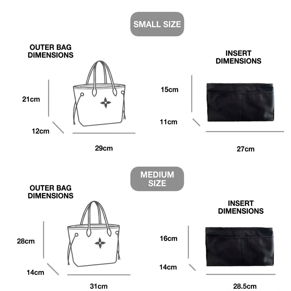 Bag Organiser for LV Neverfull size comparison across Small, Medium, Large, MonBebe Singapore