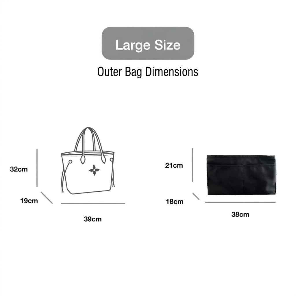 Bag Organiser for LV Neverfull size comparison across Small, Medium, Large, MonBebe Singapore