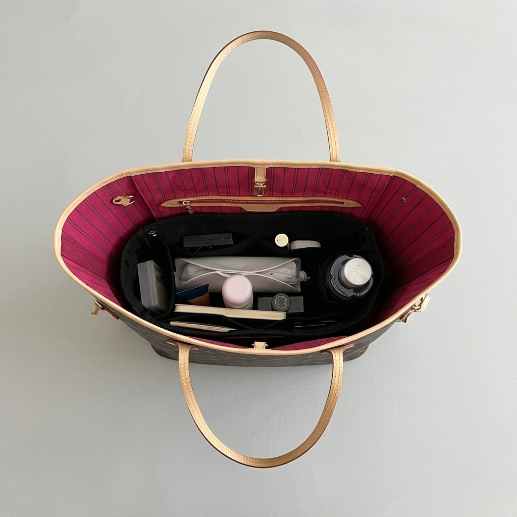 Bag Organiser for LV Neverfull fitted inside a Neverfull bag, showing structure and fit, MonBebe Singapore