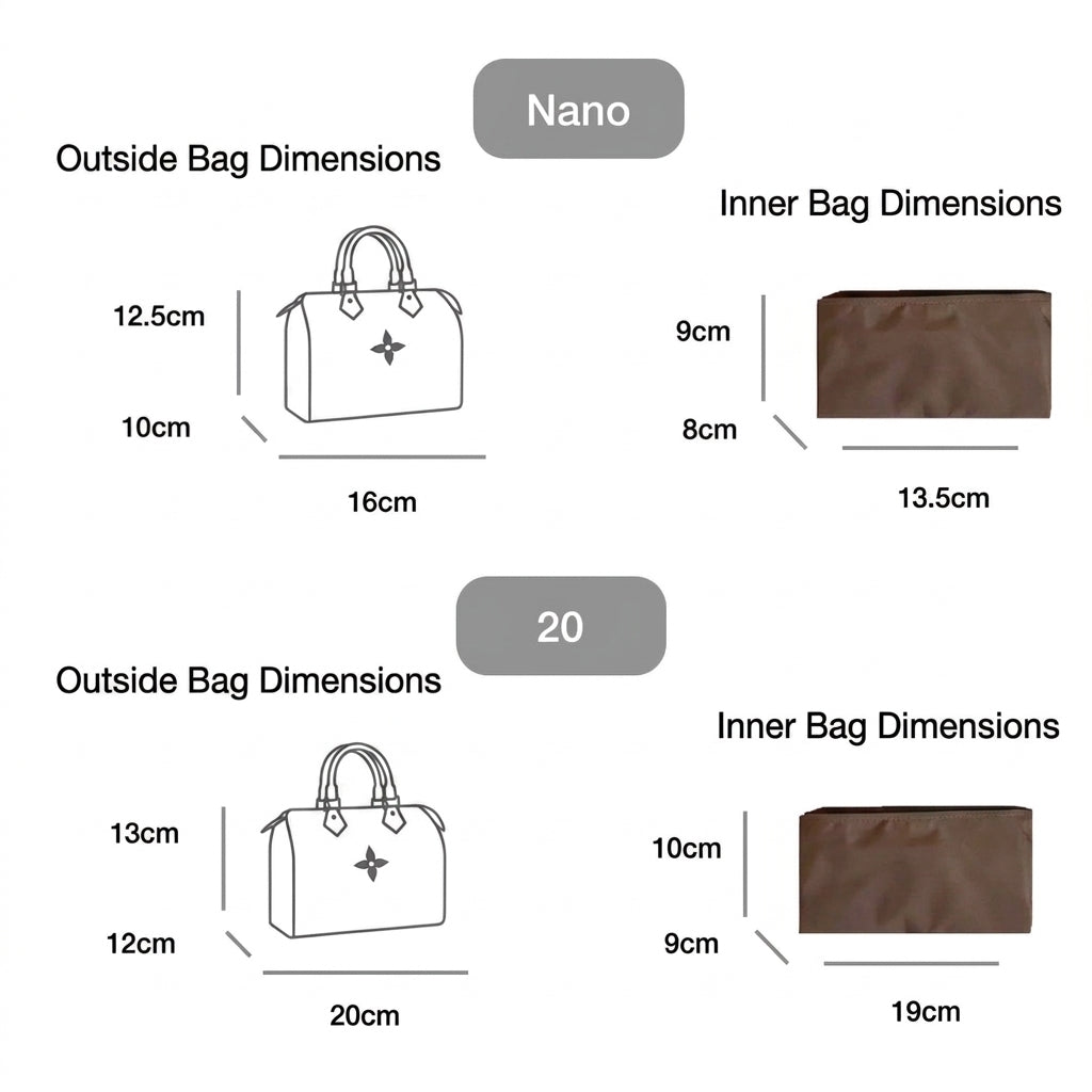 Bag Organiser for LV Speedy size comparison across Nano, 20, 25, 30, 35, MonBebe Singapore