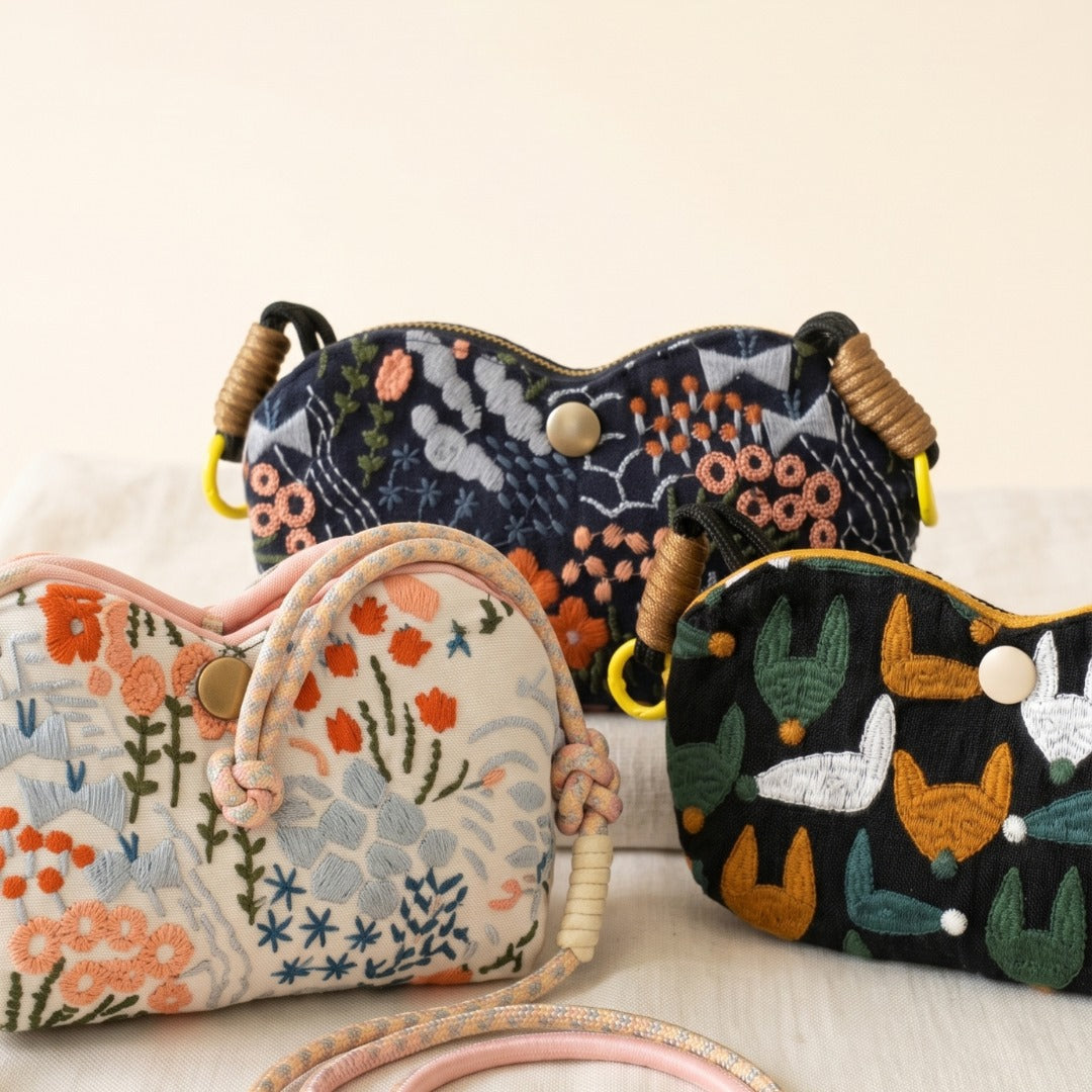 Bloom embroidered glasses case Wild Garden, midnight foxes and coral tide showing colourful canvas with  embroidery —  MonBebe Singapore