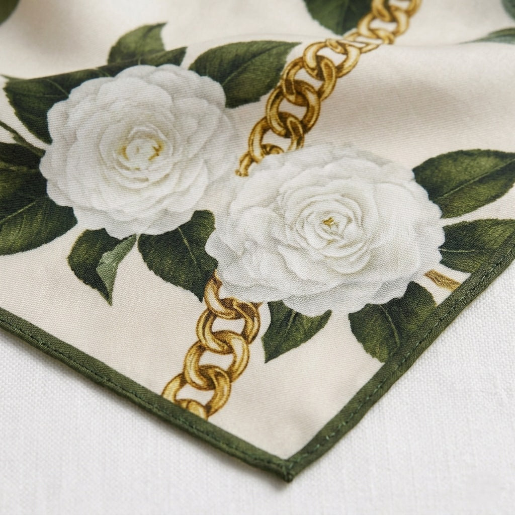 Close-up of Camellia mulberry silk scarf showing ivory floral gold chain print and fabric texture detail —  MonBebe Singapore