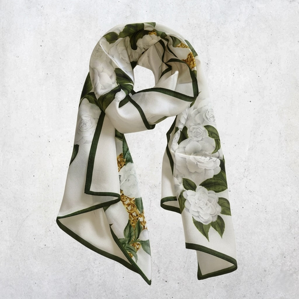 Camellia mulberry silk scarf styled in a soft front knot, showing ivory floral gold chain print and versatile wear —  MonBebe Singapore