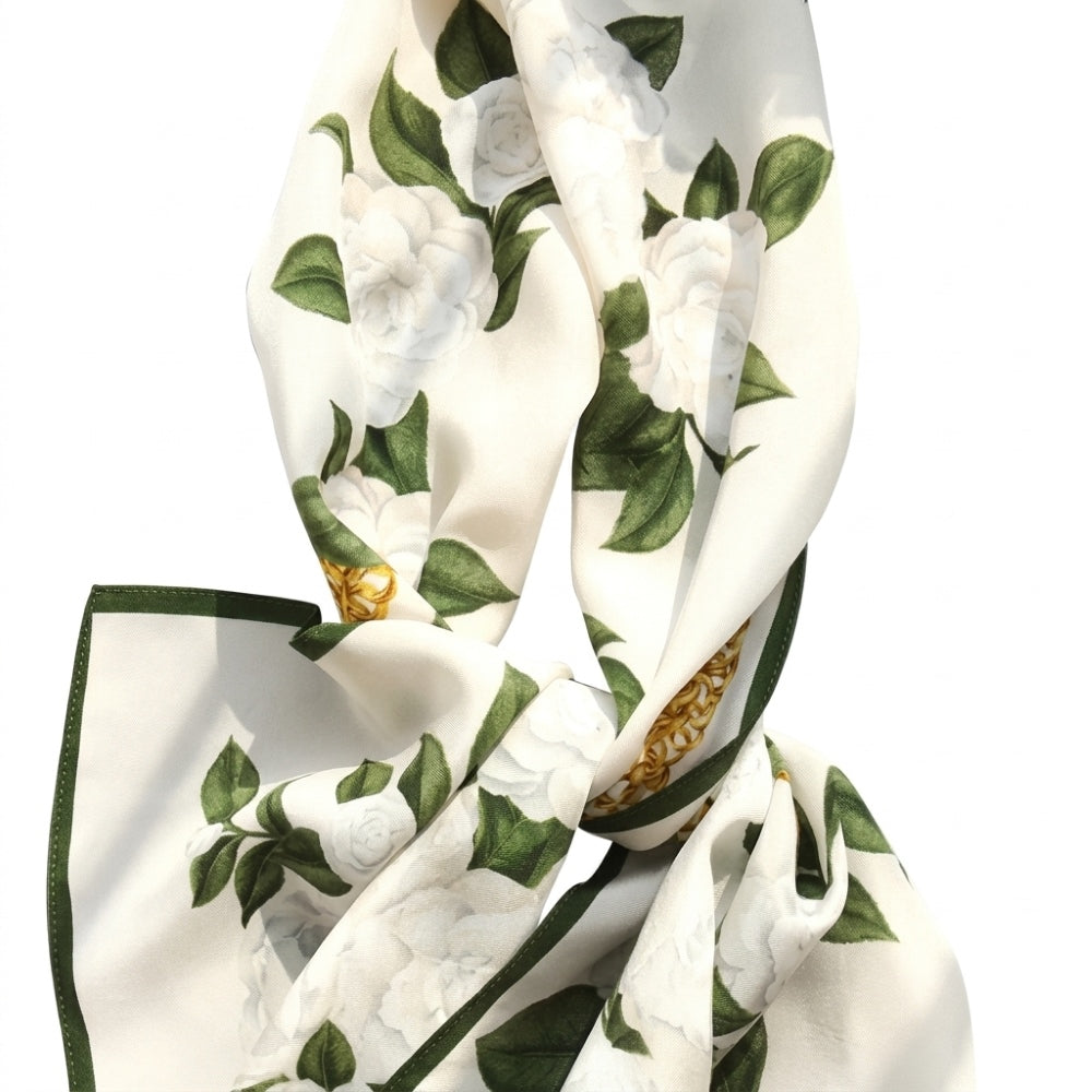 Camellia mulberry silk scarf with white camellia flowers, soft green leaves, and gold detailing —  MonBebe Singapore