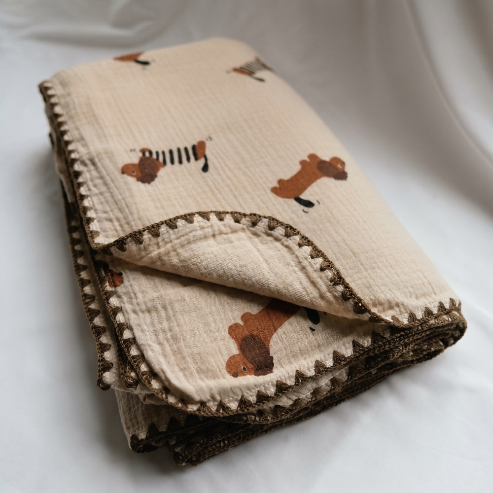 Cloud cotton muslin blanket in Frankie folded warm beige with dachshund-in-stripes print —  MonBebe Singapore