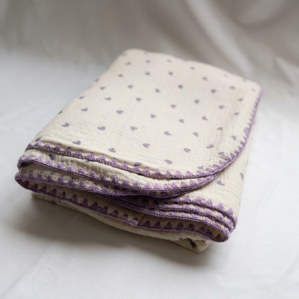 Cloud cotton muslin blanket in Lavender Hearts folded cream with lavender hearts —  MonBebe Singapore