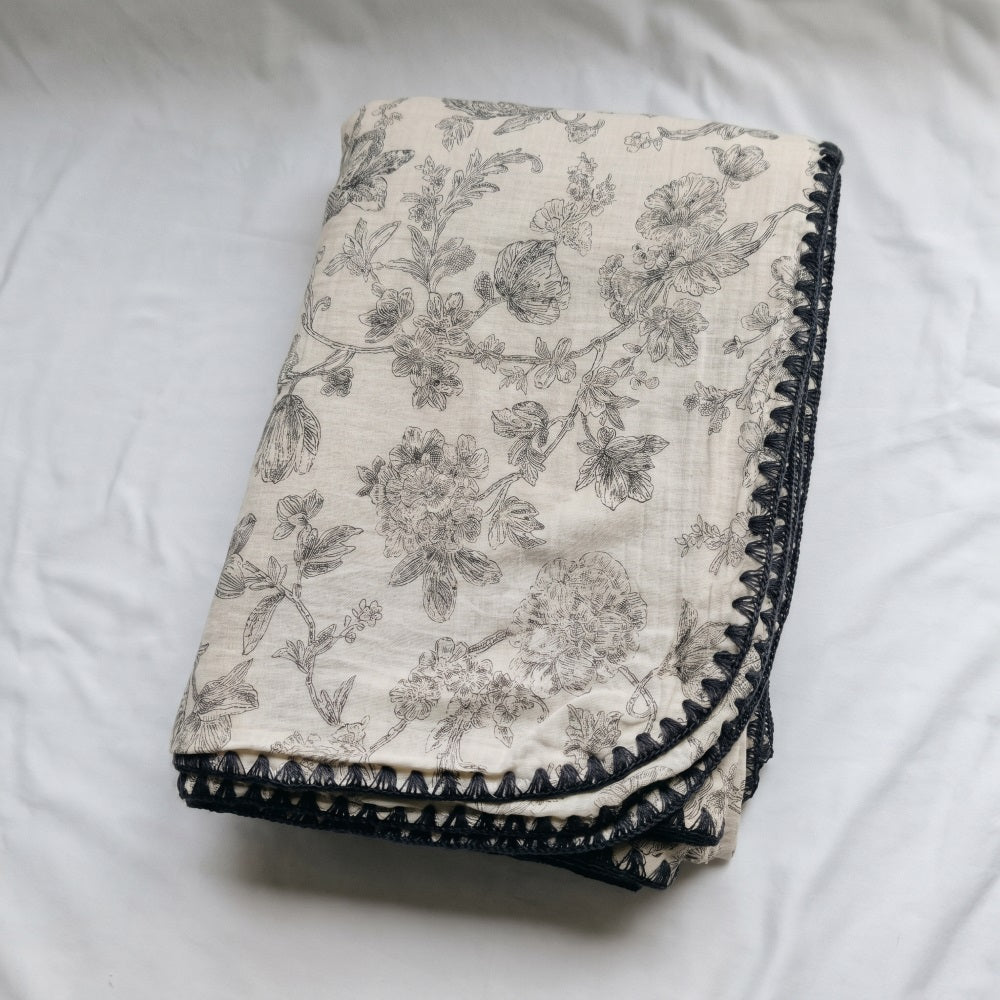 Cloud cotton muslin blanket in Secret Garden folded  black botanical toile on cream —  MonBebe Singapore