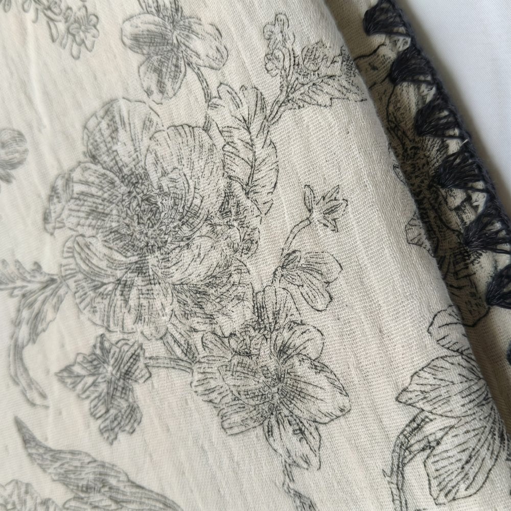 Close-up of black botanical toile print on Cloud cotton muslin blanket Secret Garden — MonBebe Singapore
