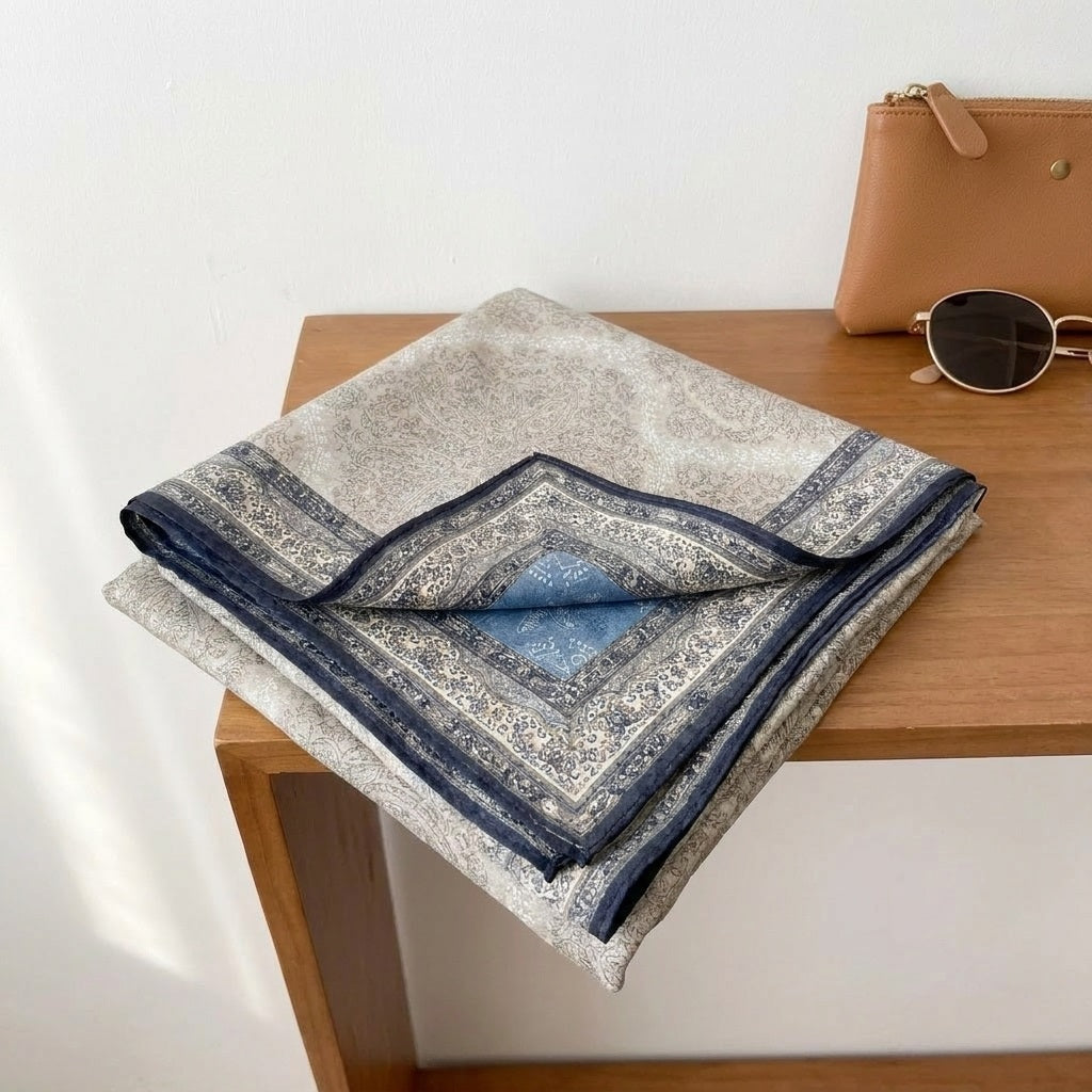 Demi reversible silk-wool square scarf folded to show contrast between blue and grey-beige sides, MonBebe