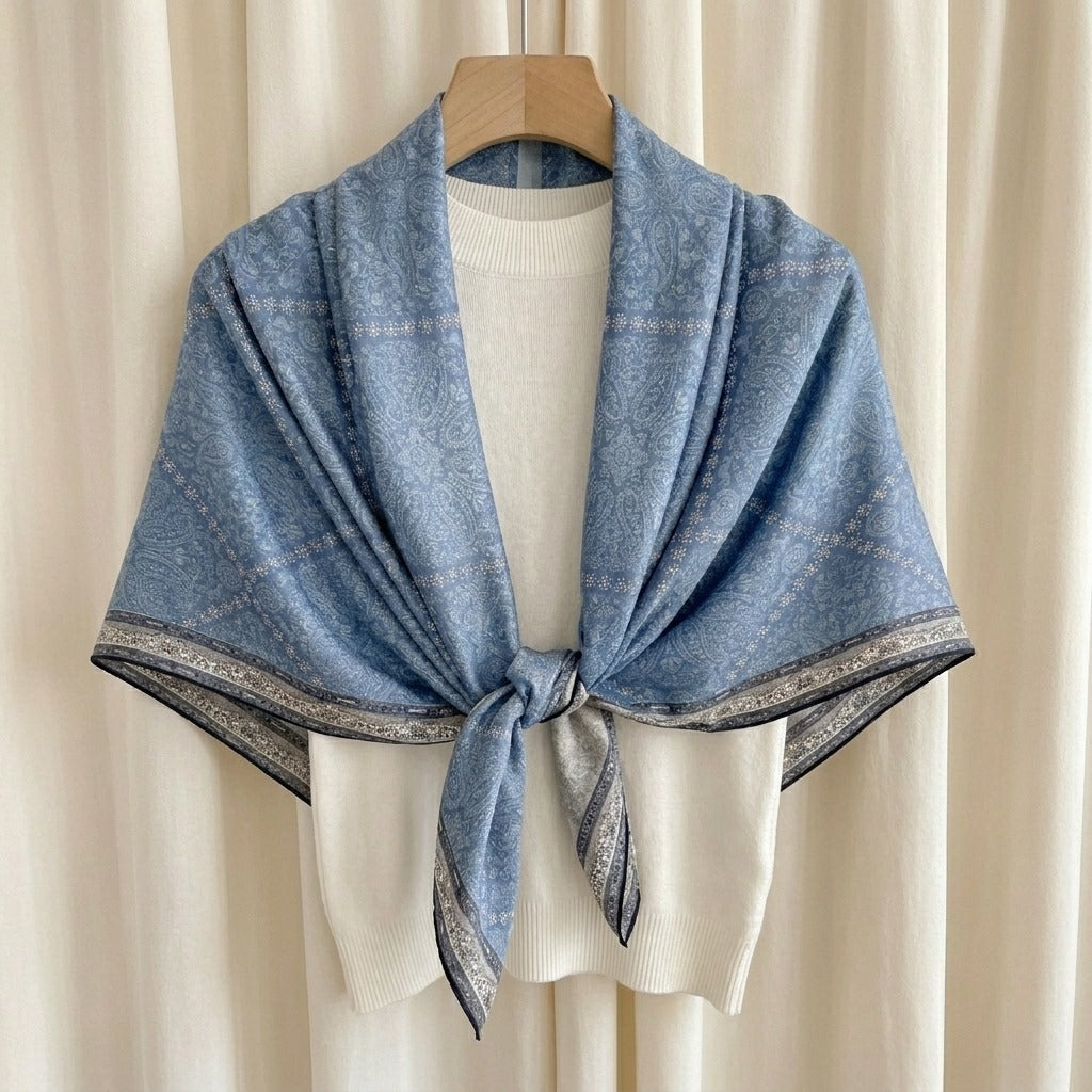 Demi reversible silk-wool square scarf on hanger showing drape and blue paisley print, MonBebe Singapore