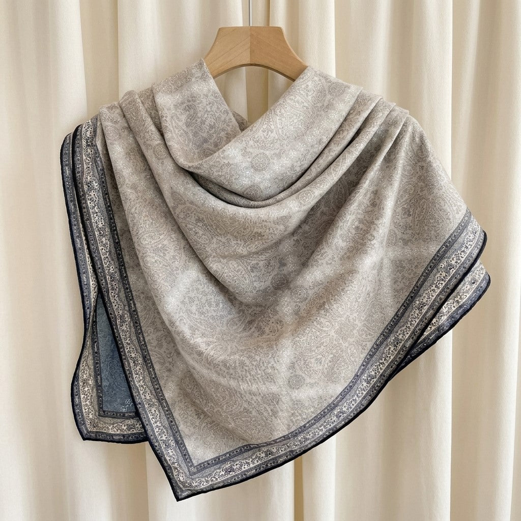 Demi reversible silk-wool square scarf on hanger showing drape and blue paisley print, MonBebe Singapore