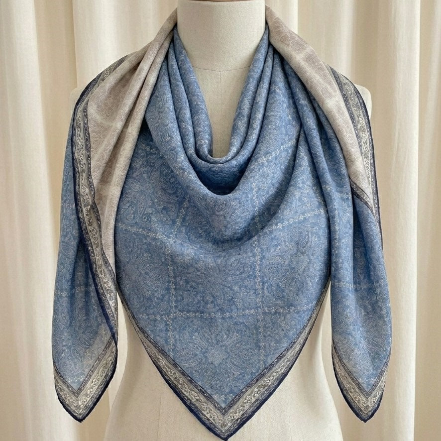 Demi reversible silk-wool square scarf on mannequin showing drape and blue paisley print, MonBebe Singapore