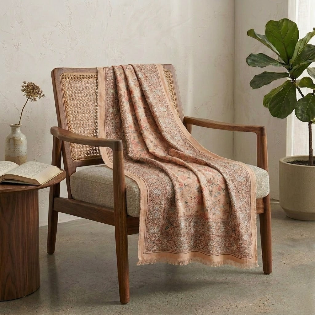 fiora lightweight wool scarf with paisley and floral print draped over chair, styled as home accessory —  MonBebe Singapore