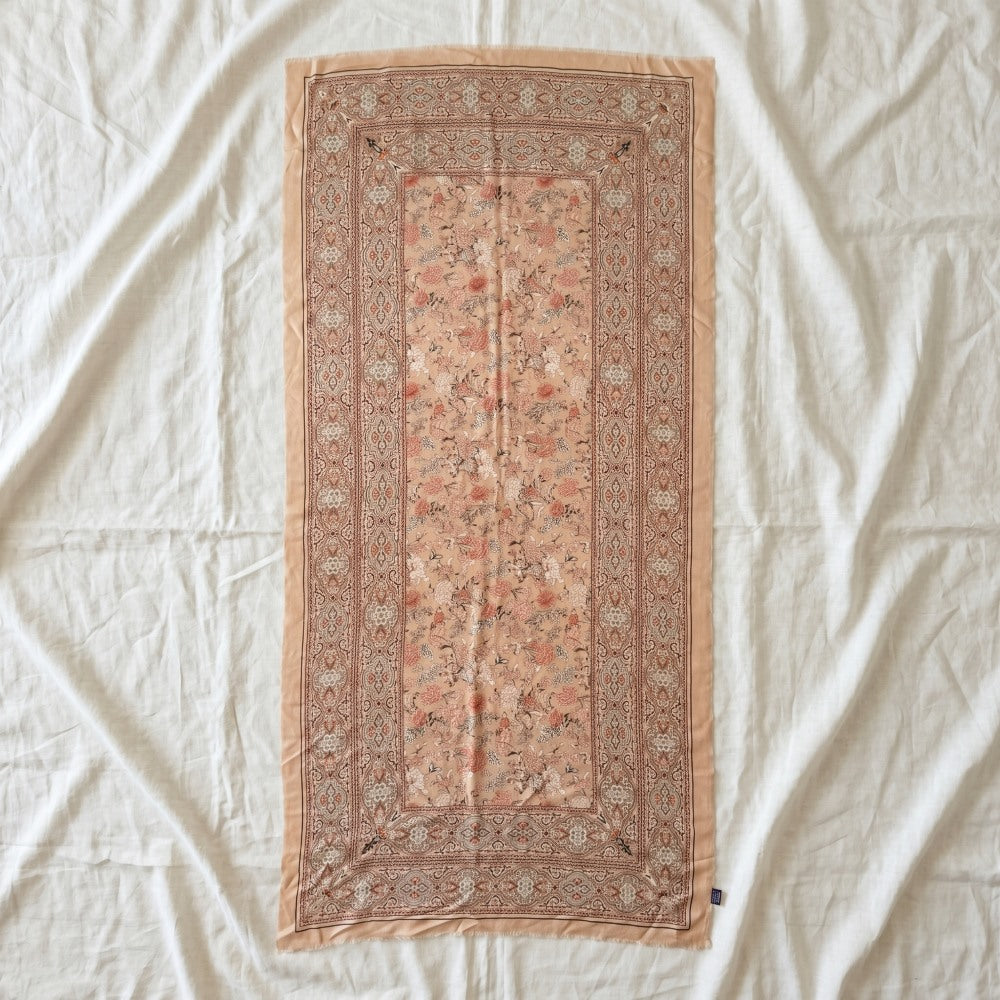 Fiora 100% lightweight wool scarf with paisley and floral print flat lay —  MonBebe Singapore