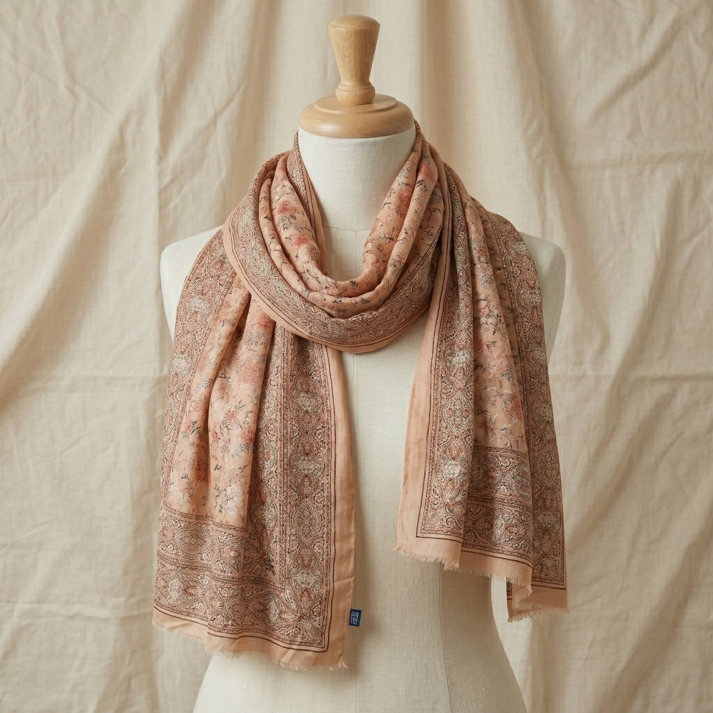 fiora lightweight wool scarf draped on mannequin showing paisley and floral print and natural silhouette —  MonBebe Singapore