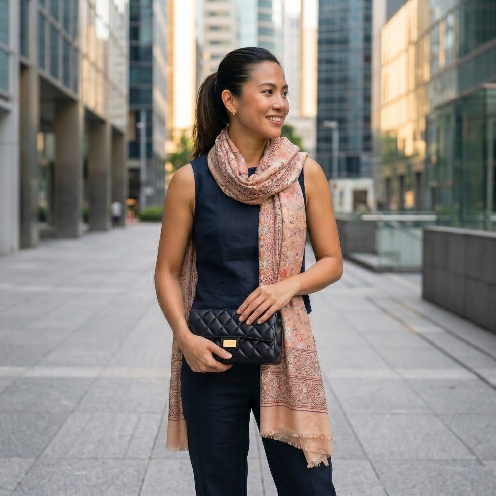 Woman wearing Fiora 100% lightweight wool paisley floral scarf outdoors — MonBebe Singapore