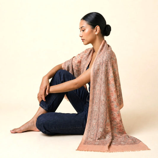 Woman wearing Fiora 100% lightweight wool scarf with paisley and floral print — studio shot, MonBebe