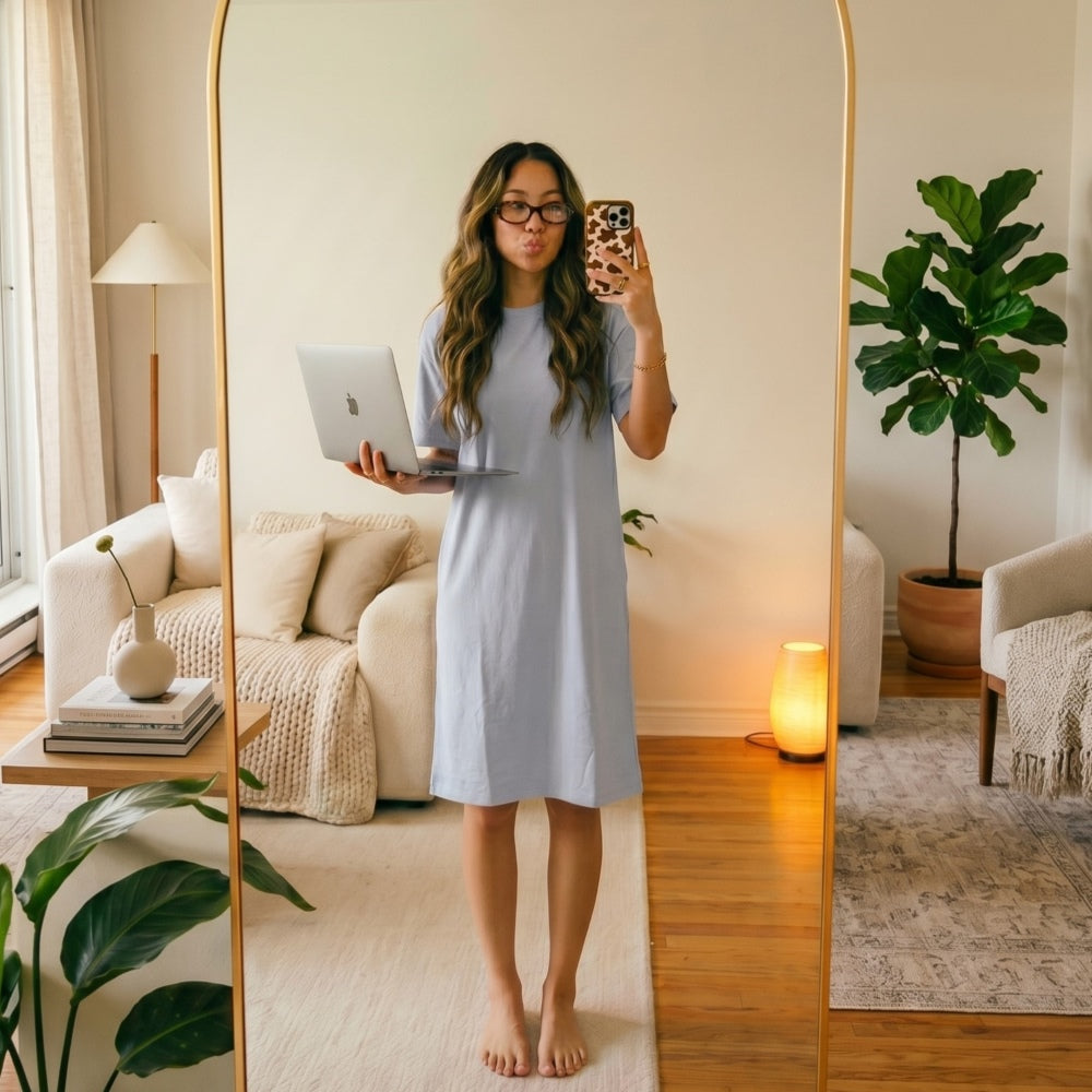 Girl wearing periwinkle blue cool-touch lounge dress with built-in bra pad  ages 9 and up  — MonBebe Singapore 