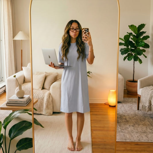 Girl wearing periwinkle blue cool-touch lounge dress with built-in bra pad  ages 9 and up  — MonBebe Singapore 