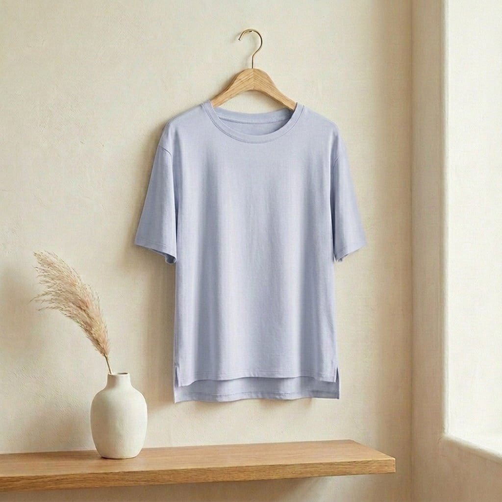 Periwinkle blue girls lounge top with built-in bra pad on hanger — MonBebe Singapore