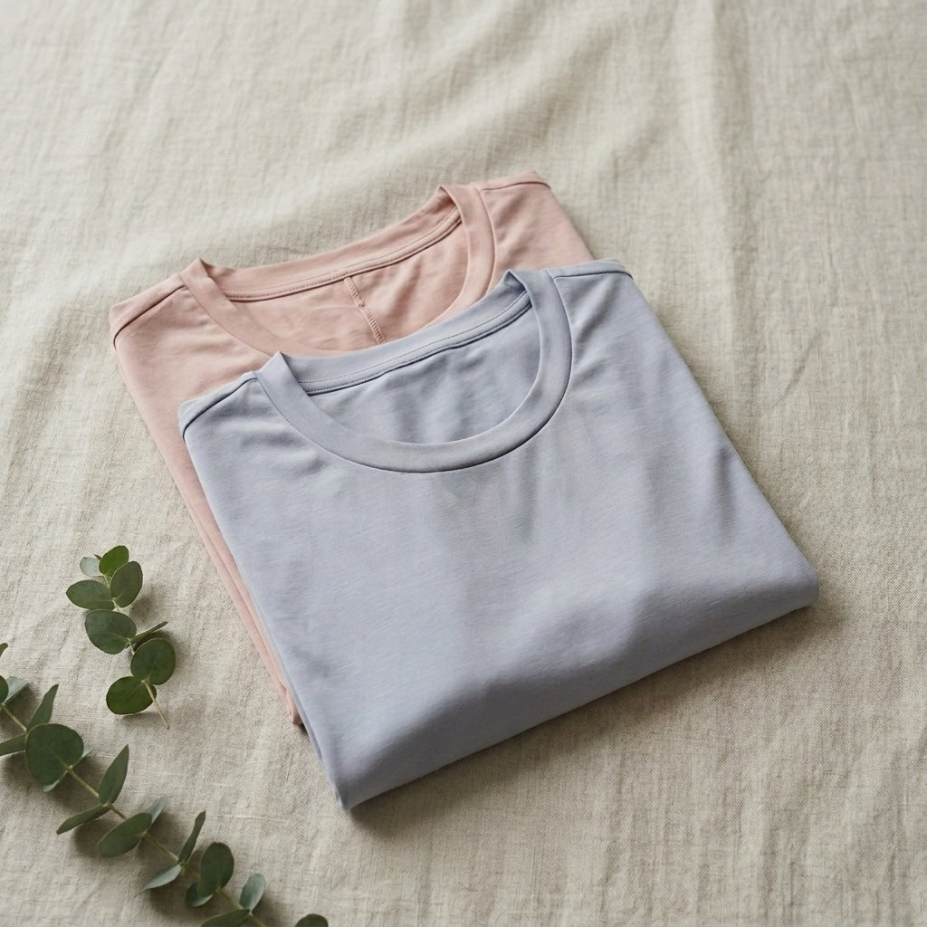 Folded periwinkle blue and powder pink girls lounge top with built-in bra pad — MonBebe Singapore