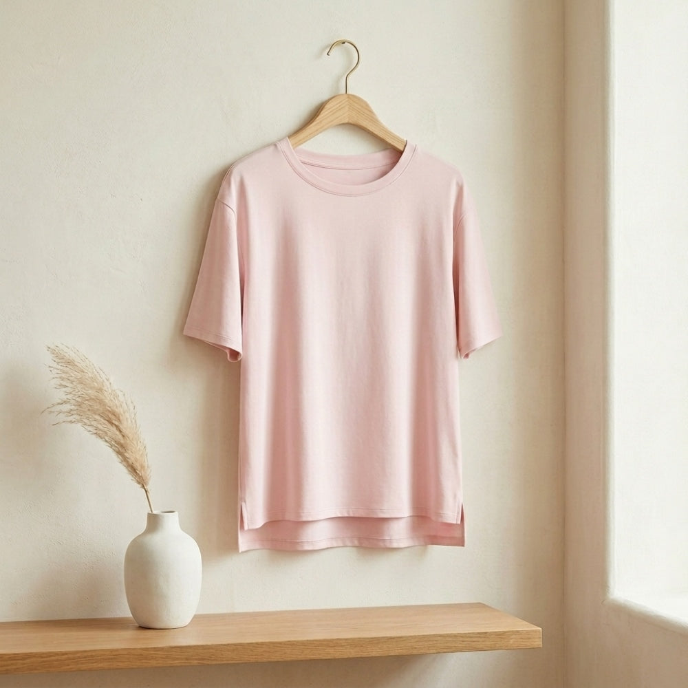 Powder pink girls lounge top with built-in bra pad on hanger — MonBebe Singapore